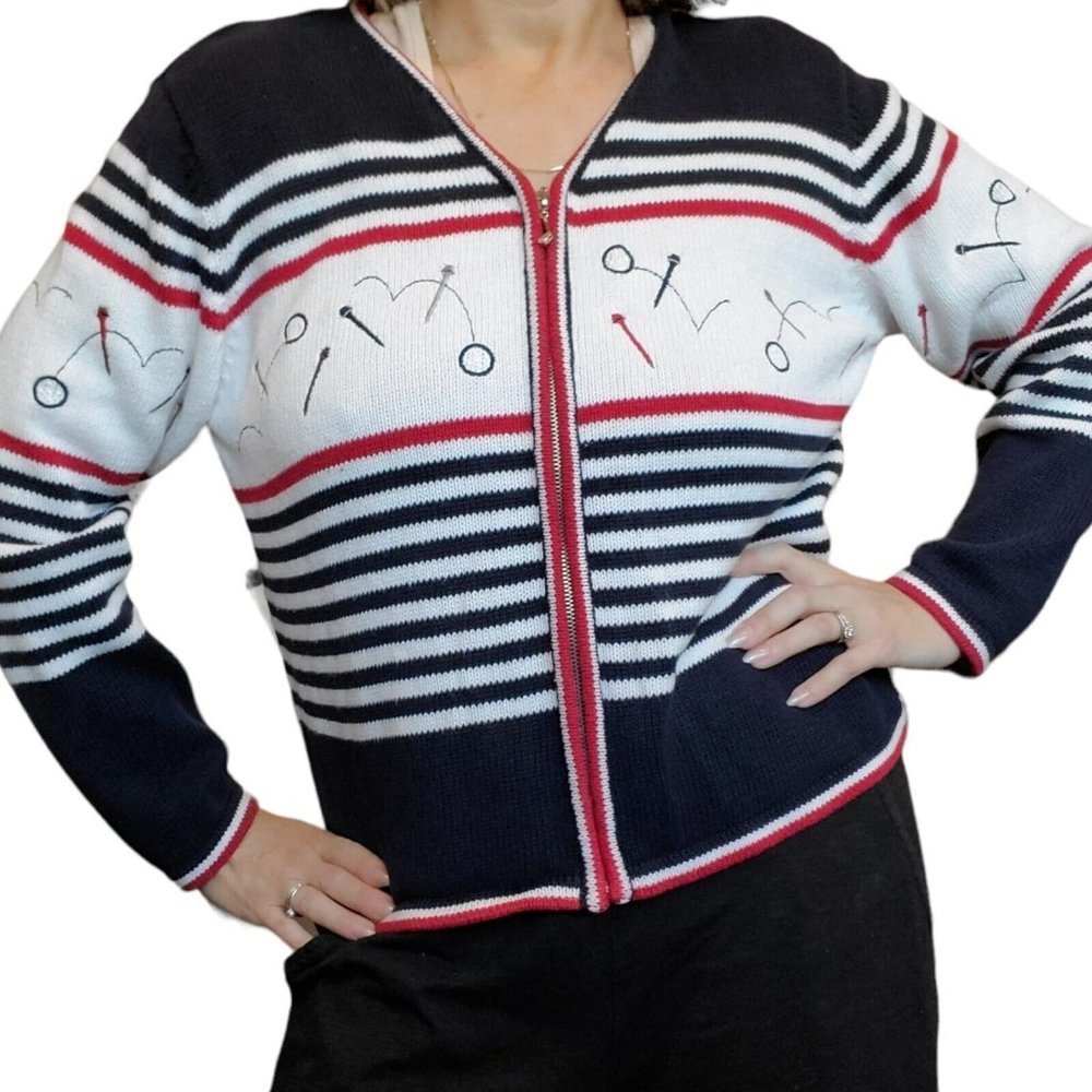 90s M Novelty Golf Tee Zipup Cardigan Sweater Preppy Striped Navy Country Club